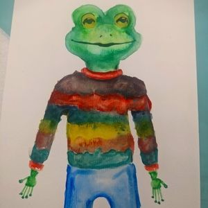 Water color painting, green frog wearing a sweater